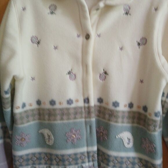 Alfred Dunner Longsleeve Button-Up Fleece Jacket Petite-PM Lavender-White Floral - Picture 7 of 16